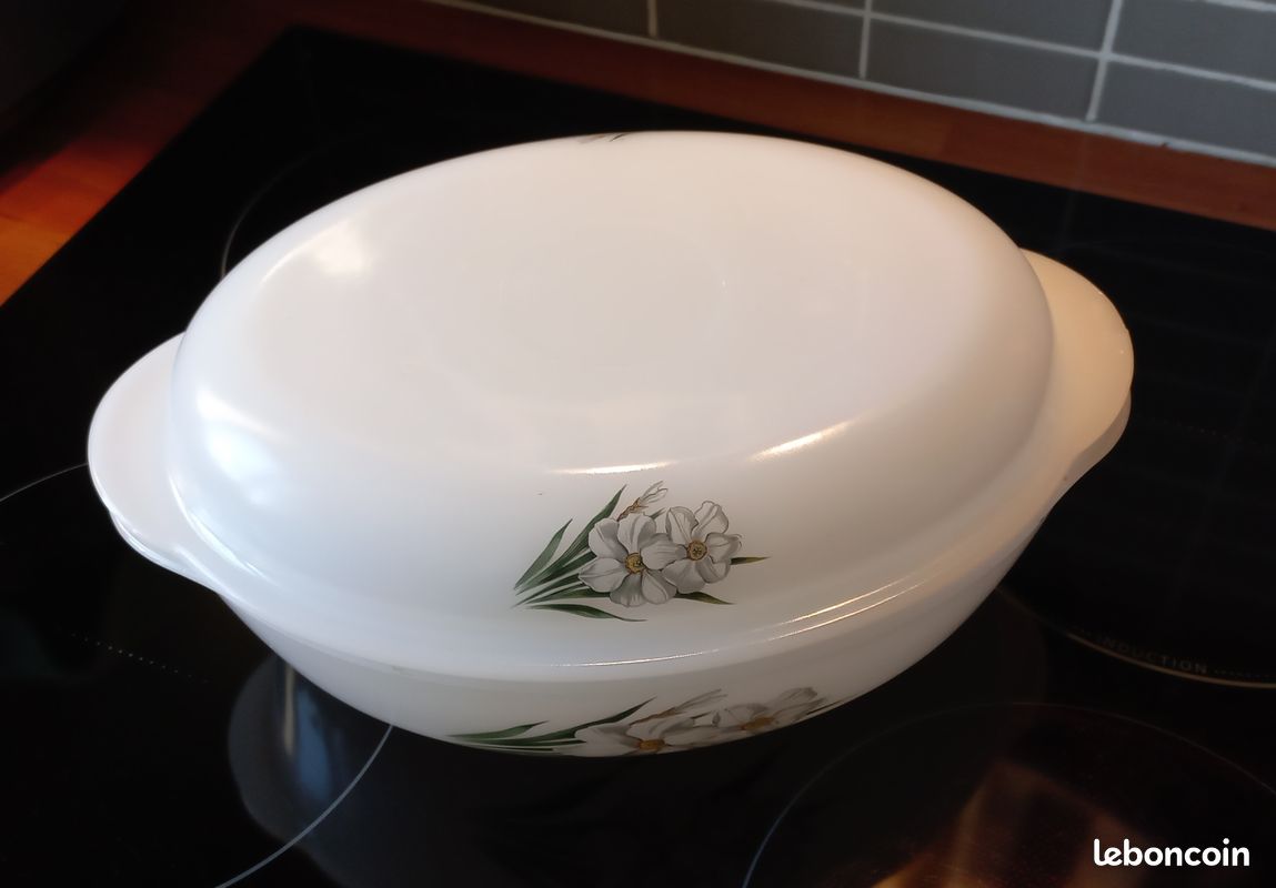 Cocotte Arcopal Vintage "Narcisses" - Plat à Four Ovale 3L, Fleurs Blanches
