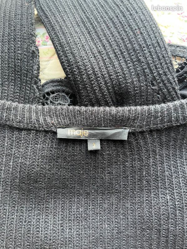 Pull maille côtelée Coton/Angora/Laine Maje dentelle florale brodée finition festonnée 3/L (image 4)