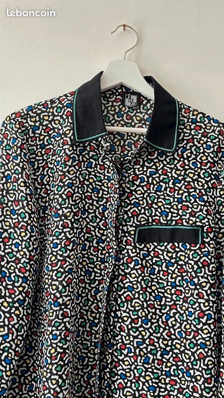 Blouse Ina chemise léopard abstrait multicolore transparente fluide 70 s pop - Très bon état rétro (image 3)