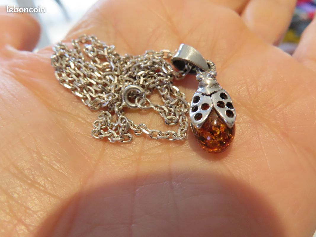 Collier En Ambre Naturel Avec Pendentif En Argent Massif 925 - Longueur 45 Cm - Création Maison Made In France