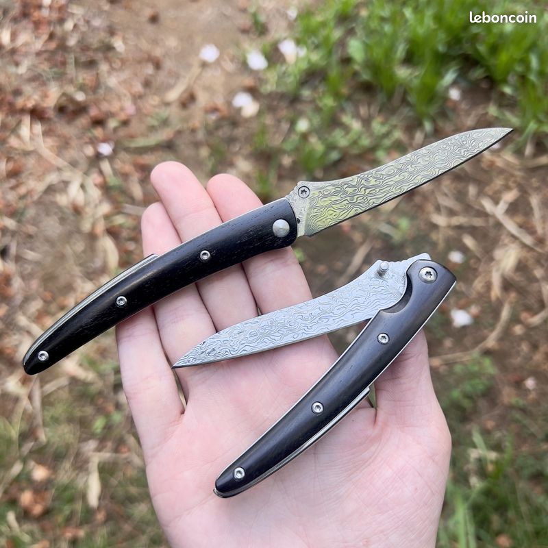 Couteau De Chasse Acier Damas Forgé Main + Étui – Camping Randonnée – Manche Bois