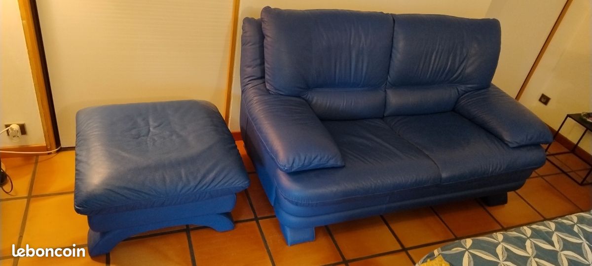 Canapé cuir vachette pleine fleur et pouf assorti (image 1)