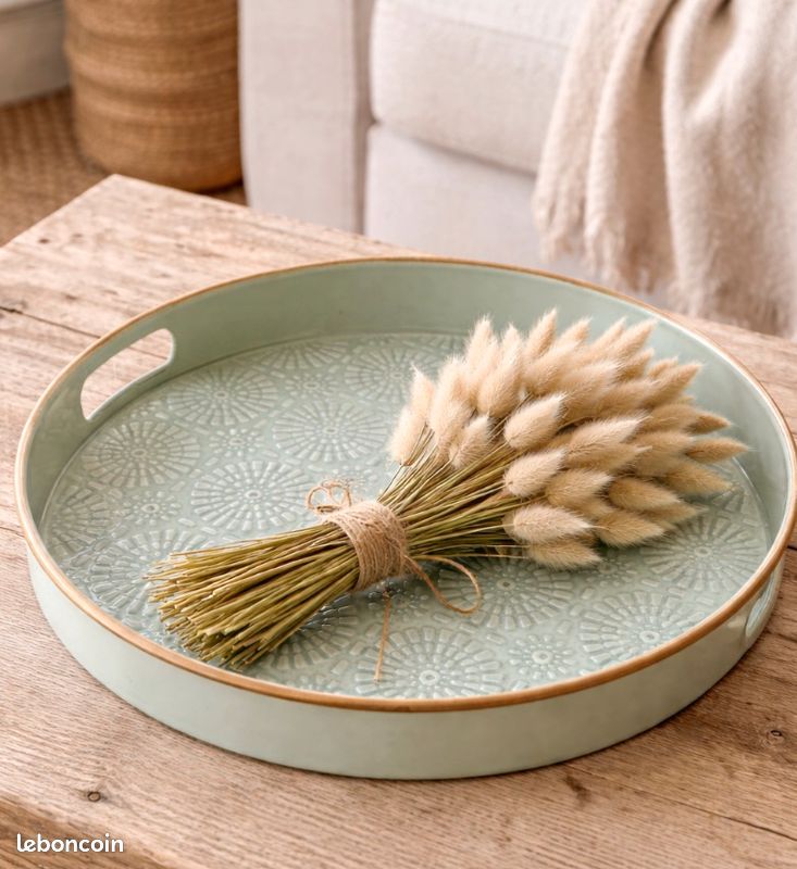 Plateau rond en alu Frappé finition or vieilli motif Ginko