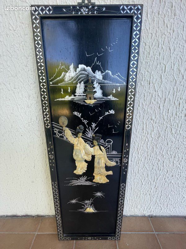 PANNEAUX BOIS LAQUÉ decor incrustation nacre sous marin poissons quadripthyque EUR 250,00 - FR