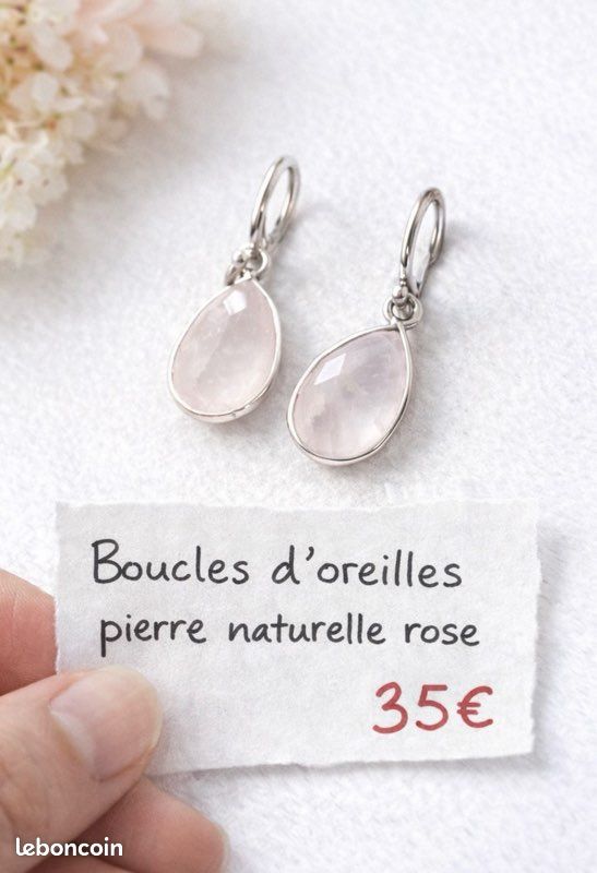 Parure Collier/boucles D'oreille En Pierre Naturelle De Quartz Rose Acier Inoxydable