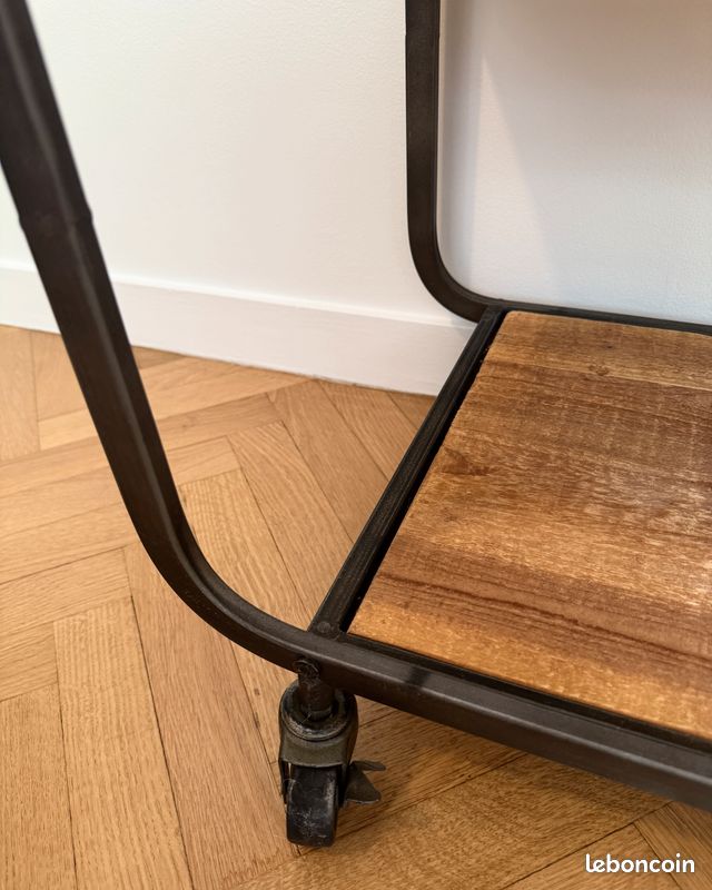 Etagère industriel asymétrique bois métal roulette (image 8)