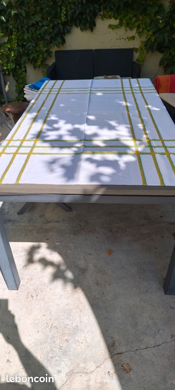 Grande nappe blanche rétro à rayures tressées vertes et jaunes (Esprit Vintage / Campagne) (image 3)