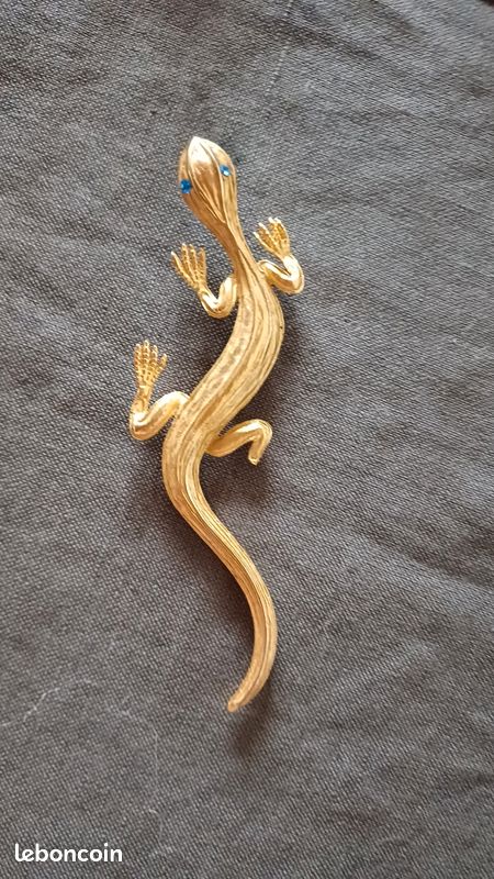 Broche Vintage En Métal Doré Et Strass - Forme Lézard - Avec Boîte - Occasion