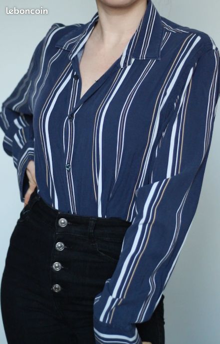 Chemise Zara Rayée Bleue Taille L - Occasion Très Bon état - Femme - Type Chemisier