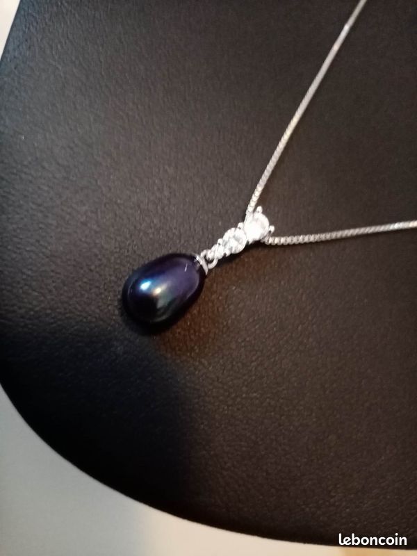 Pendentif Ancien En Argent Massif Avec Perle Noire - Style Moderne - Occasion Bon état