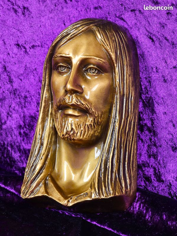 Plaque effigie reproduction Jésus Christ en bronze patiné brillant Caggiati vintage (image 5)