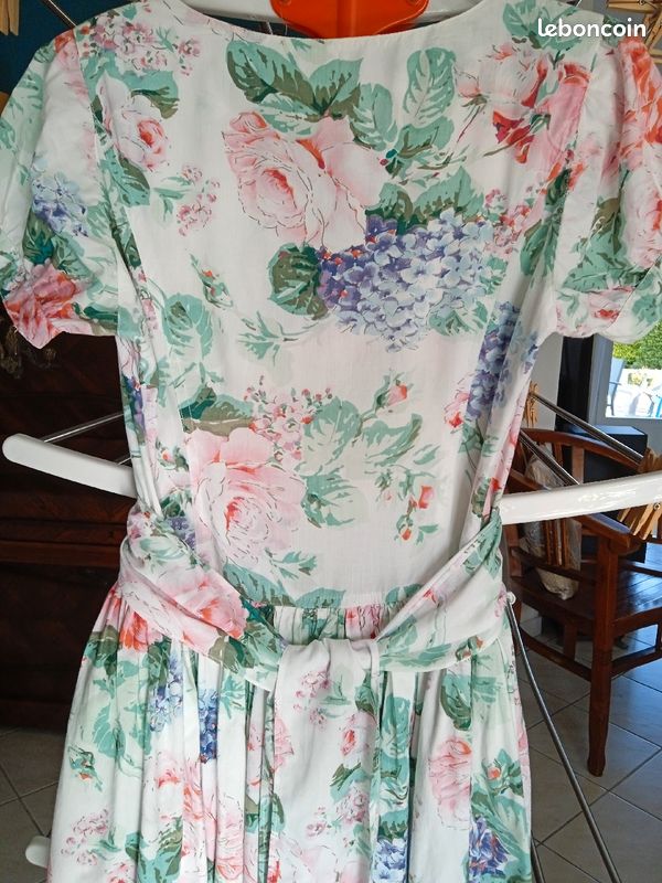 Robe D'Été En Lin Brodée René Derhy - Vert De Gris Taille 38 (Comme Neuf)