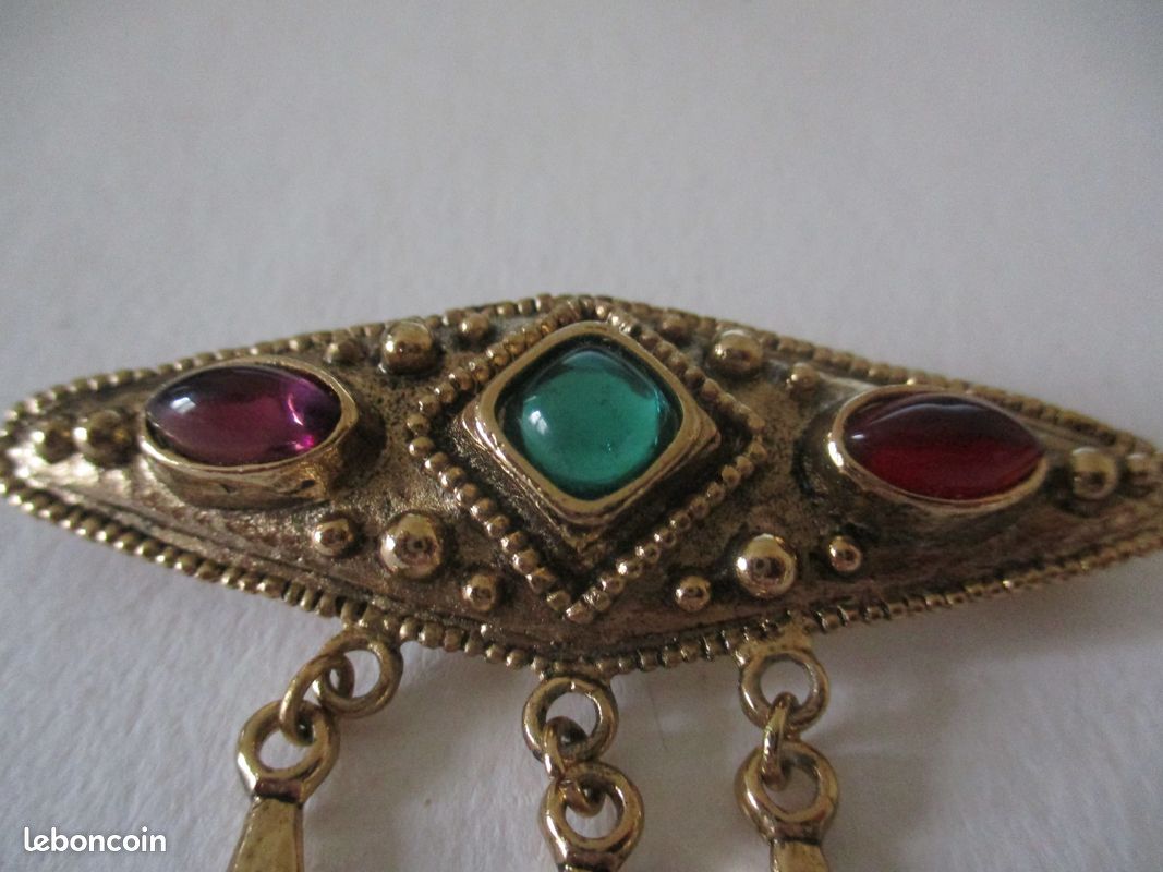 Broche Vintage P&M Paris - Métal Doré Mat Avec Cabochons Pâte De Verre - 67x18mm
