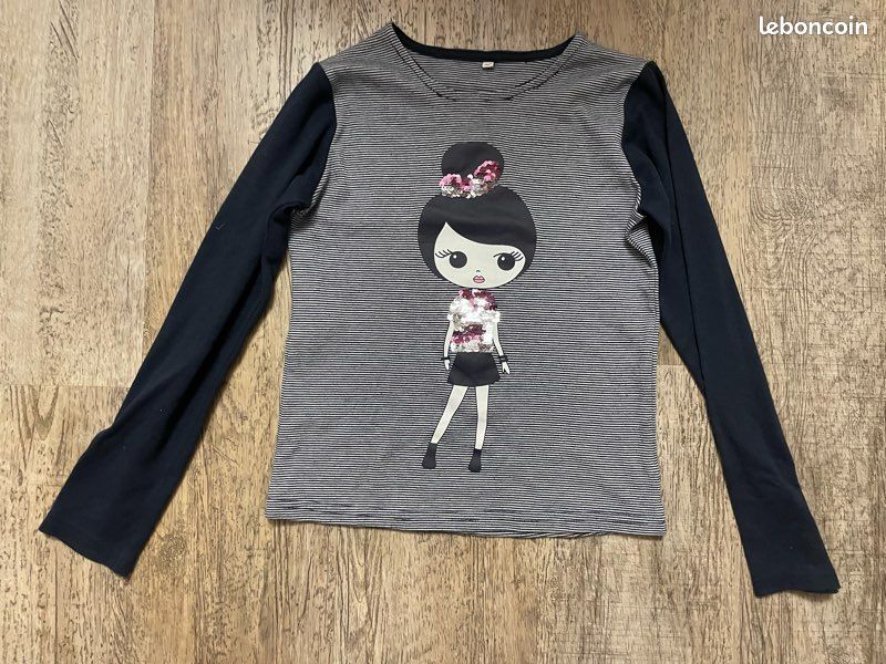T-shirt manches longues rayé avec poupée en sequins – Taille 10 ans (image 1)