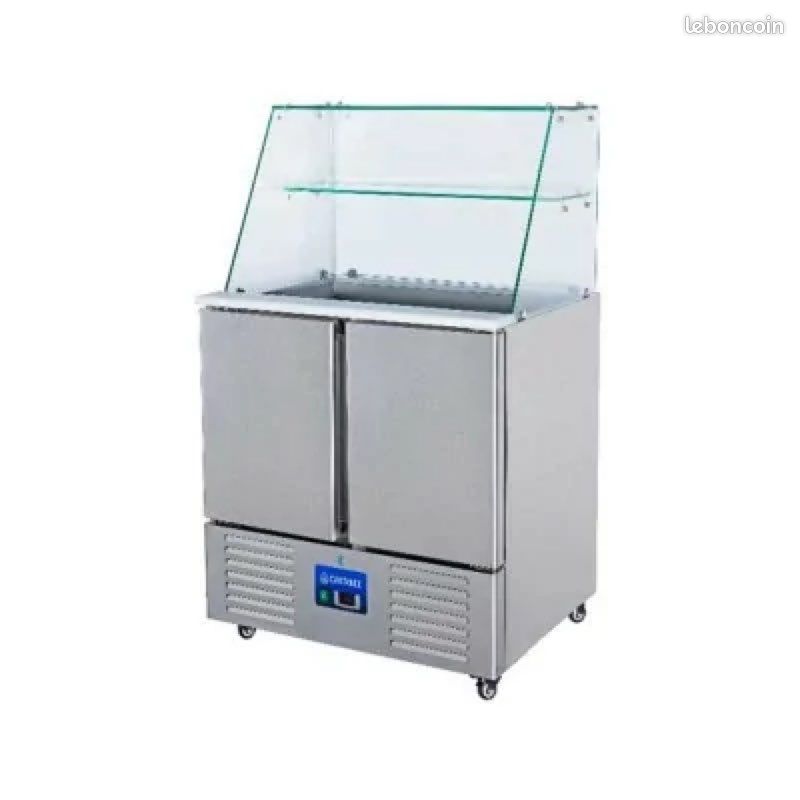 Saladette vitree inox refrigeree positive 2 ou 3 portes sur roulettes-salade bar-vitrine comptoir presentation -table de preparation-meuble froid-pizzeria-snack-kebab-sandwicherie-restauration rapide (image 1)