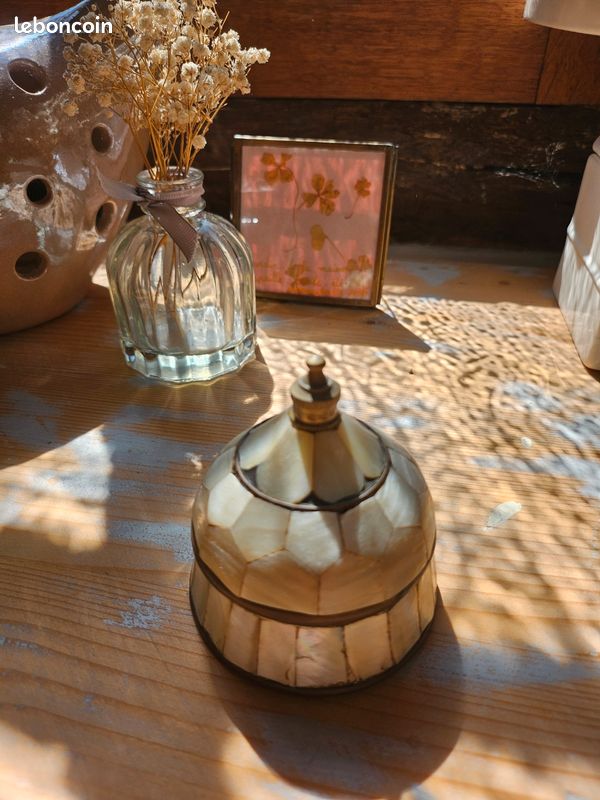 Boîte ancienne en laiton doré recouverte de nacre (image 1)