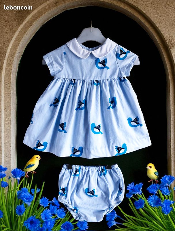 Jacadi - ensemble 3p bébé fille - robe, culotte & gilet motif tourterelles 6m (image 6)