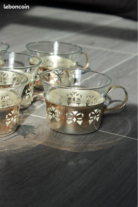 Lot De 6 Tasses à Café Vintage En Verre Et Métal Doré
