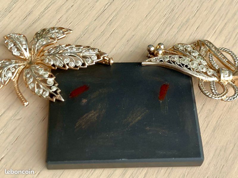 Lot de 2 Broches Vintage Filigrane Argent Vermeil - Motif Feuille & Bouquet (image 10)