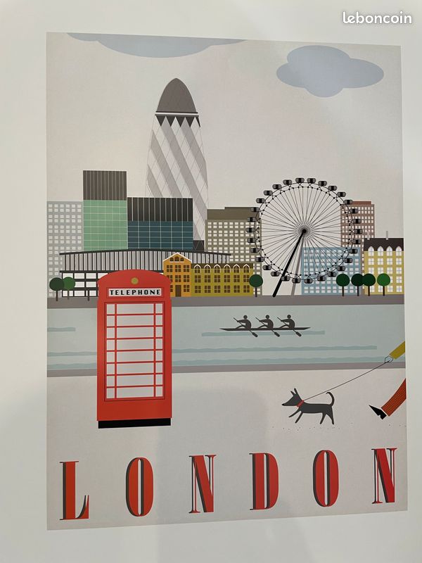 2 Affiches Posters illustrations London New-York Ikea Trilling voyages Building cabine rouge Tamise London Eye Grande roue St Mary Axe Le Cornichon vintage (image 4)