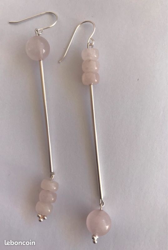 Fait main. Boucles d’oreilles inversées en argent et quartz rose. Possibilité autres pierres (image 3)