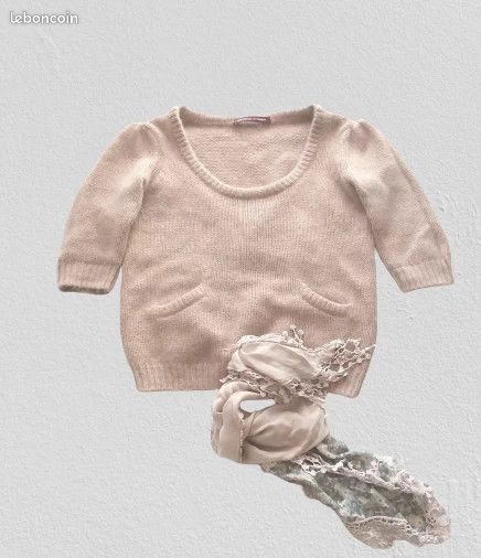Pull en maille Angora & cachemire & laine couleur beige & rose - Taille M (image 11)
