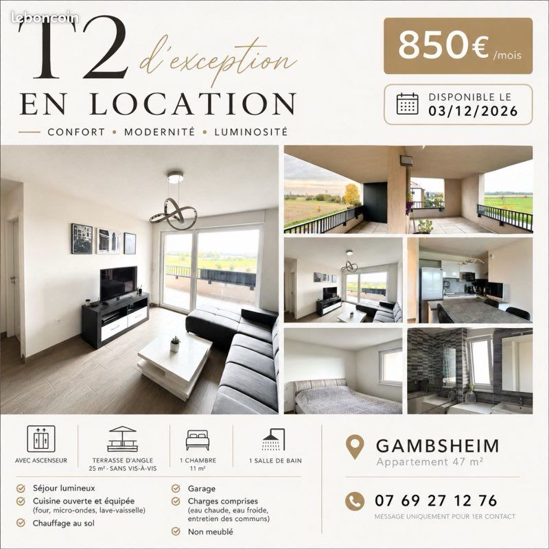 Appartement 2 pièces 47 m² · à Gambsheim · 47 m² · 850 €/mois