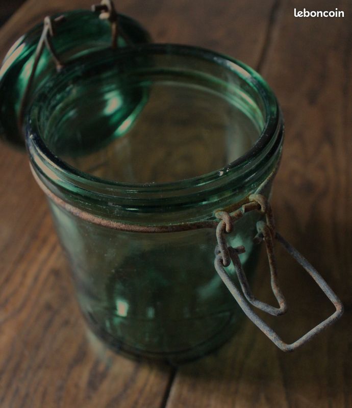 Ancien Bocal En Verre Vert Manufrance Saint Etienne – 1 Litre – Occasion (rouille Sur Métal)