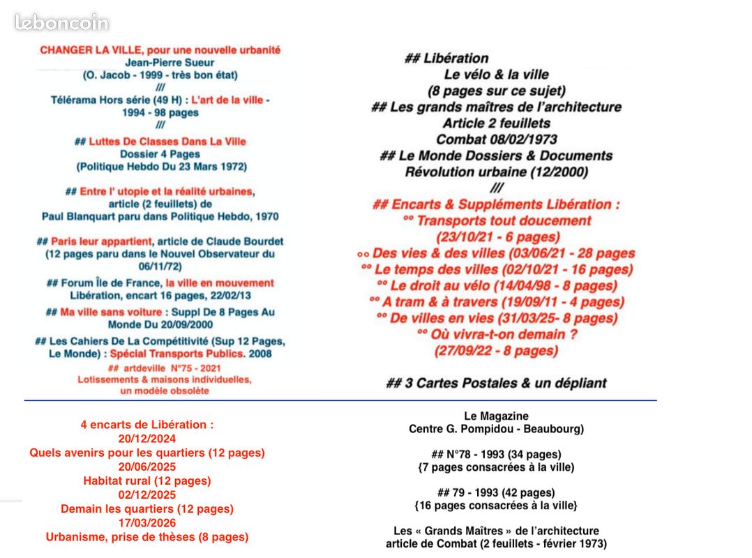 LA VILLE / URBANISME / TRANSPORTS / MOBILITÉ / AMÉNAGEMENT du TERRITOIRE : 1 livre 2 Revues / 1 Journal / 15 Suppléments-encarts (Libération/Le Monde) / 1 dépliants et 3 Cartes Postales (1970/2025 / (image 10)