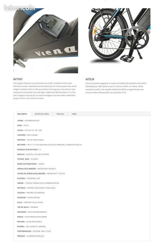 Vélo électrique Urbain Viena D'Urbanbiker, Taille 45, 26 Pouces, Batterie Li-ion 768Wh, Moteur 250W, 7 Vitesses Shimano
