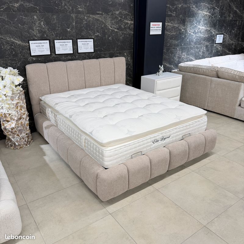 Lit coffre BUBBLE Dallas beige tissus chenille 160x200 avec sommier intégré et matelas en option 140x190 180x200 90x190 (image 3)