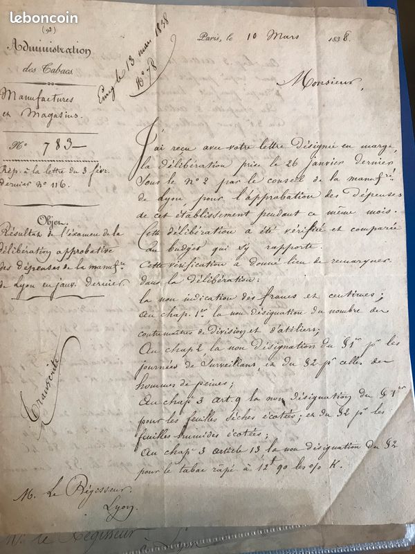 50 lettres administration des tabacs - manufacture tabac de Lyon 1813 à 1838 (image 9)