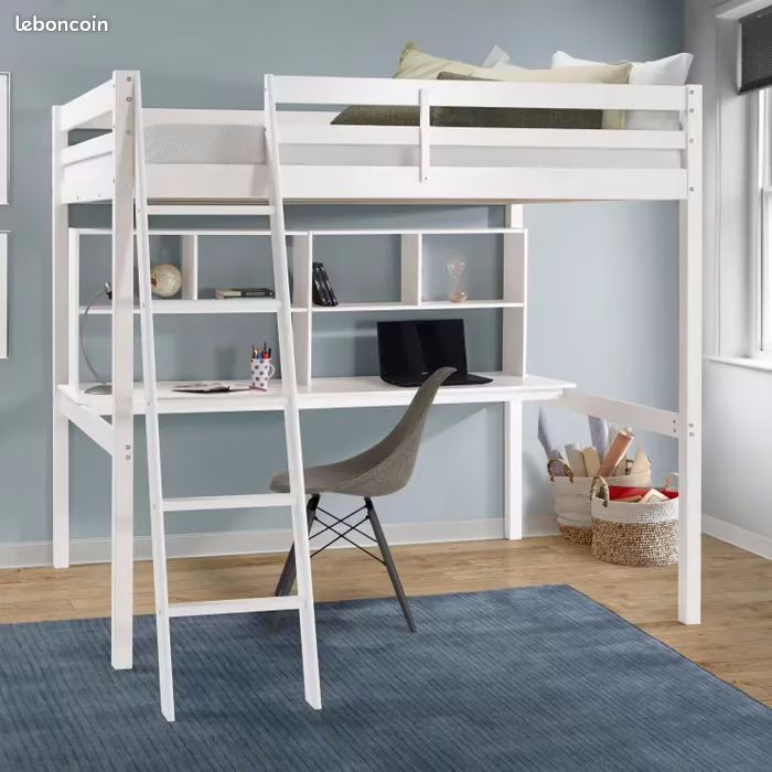 Lit mezzanine BLOOM 190x90 cm + bureau intégré – Blanc – Bon État (image 2)