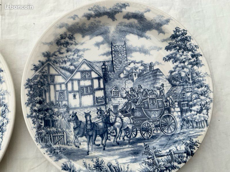 Lot 2 grandes assiettes plates vintage OXFORD, décor scène anglaise,26 cm (image 3)