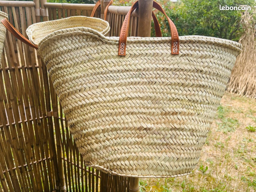 Panier paille anses en cuir fait main Artisanat marocain