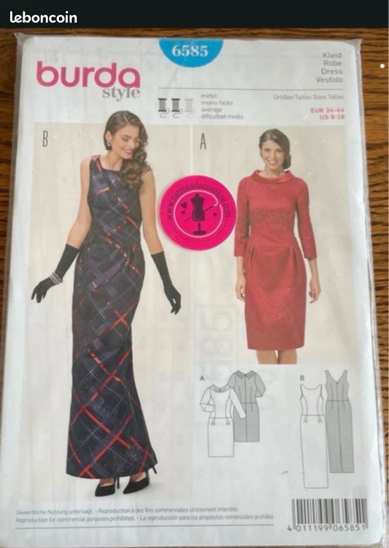 Patron couture Burda 6585, T 34 à 44, robe longue sans manche ou courte avec manches (image 1)