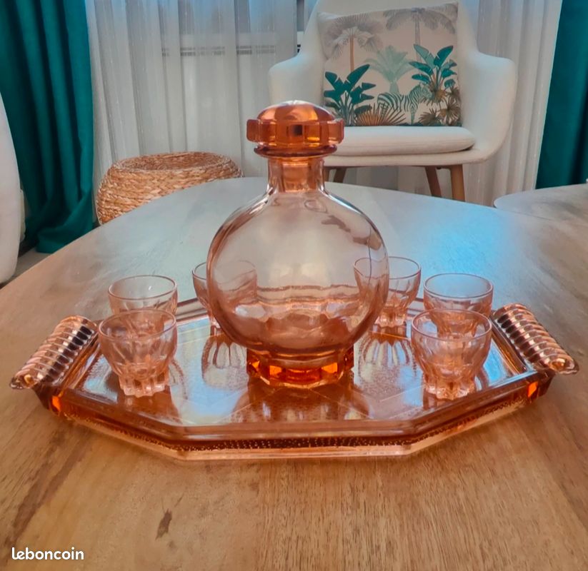 Ancien Panier à Bouteilles Et Verres En Tôle Ajourée – Service à Liqueur Vintage Vert Pâle