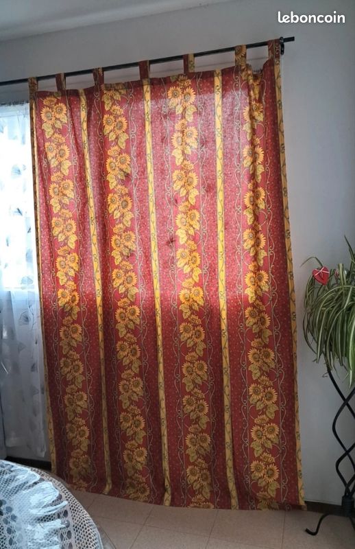 Double Rideau Tissu Provençal 1,35m X 2,30m - Tons Bordeaux/vert, Motif Fleurs, Coton