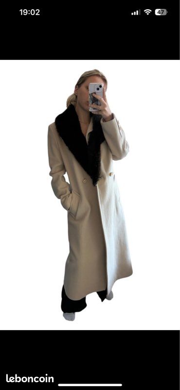 Manteau long beige en laine & cachemire • col fausse fourrure noire • vintage (image 1)