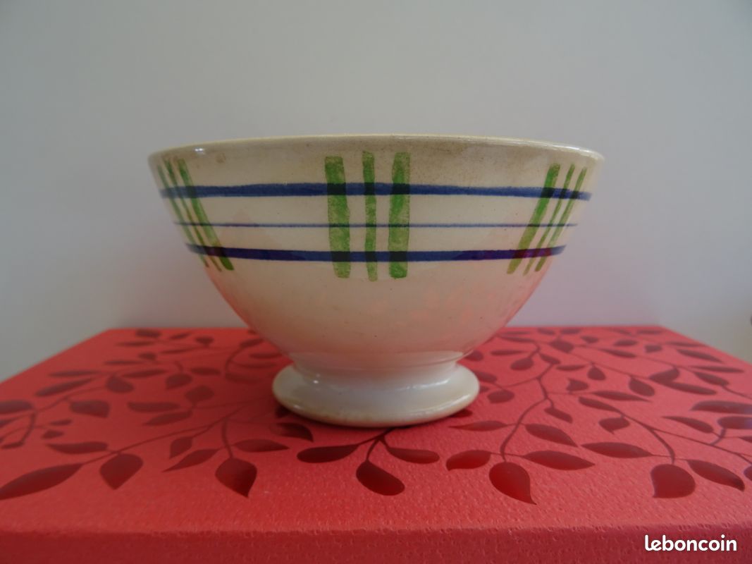 ANCIEN PETIT BOL DIGOIN SARREGUEMINES France- motifs carreaux style "nappe" bleus et verts (image 2)