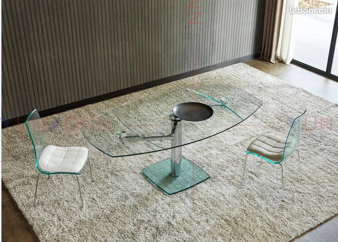 Table à manger verre trempé transparent extensible avec rallonges intégrées design moderne (image 2)