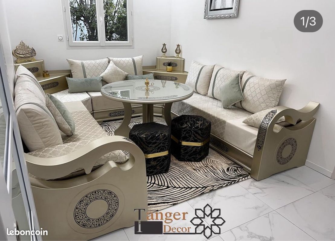 Canapé Marocain Traditionnel En Bois Massif - 3 Places - Coussin Et Accoudoirs Amovibles - Occasion
