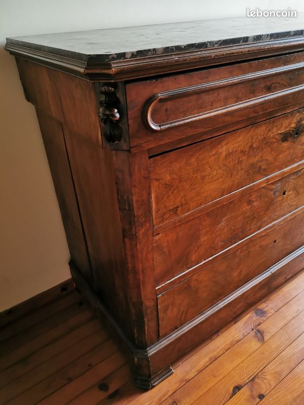 Commode ancienne en bois massif avec plateau en marbre - 4 tiroirs (image 6)