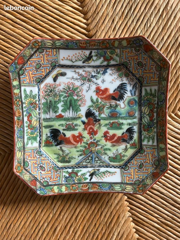 Petite ancienne vintage porcelaine de Chine carrée décor coq 15,3/15,3cm environ (image 1)