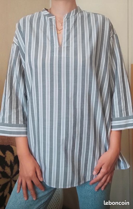 Chemise Manches Longues MAX STUDIO Rayée Avec Lacets Latéraux - Taille S, Neuf Avec étiquette, Noir Et Crème