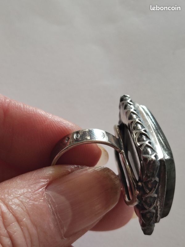 Bague Ancienne En Argent 925 - Cabochon D'ambre Véritable - Taille 54 - Occasion