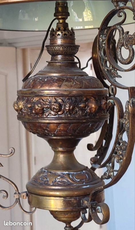 Ancien Globe Opaline Couleur Soleil – Suspension Bronze, Style Château/bateau