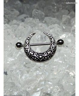 Piercing Téton Noir Lune Acier 316L - Barre 14 Mm, Motif Creux Lune Gothique