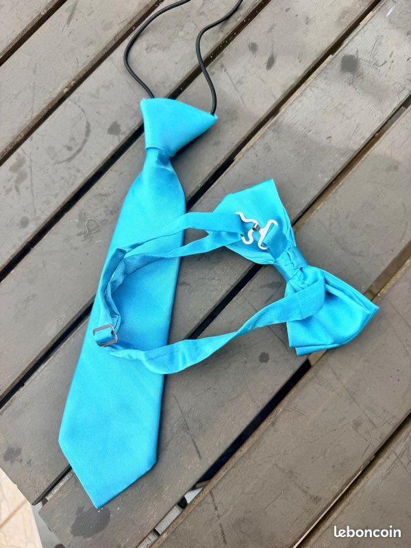Cravate enfant et noeud papillon adulte assortis réglable bleus turquoise (image 2)