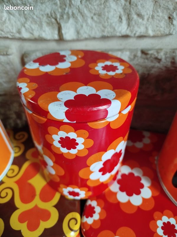 Boite vintage velours orange fleur années 70 box oldschool loft décoration 23 cm